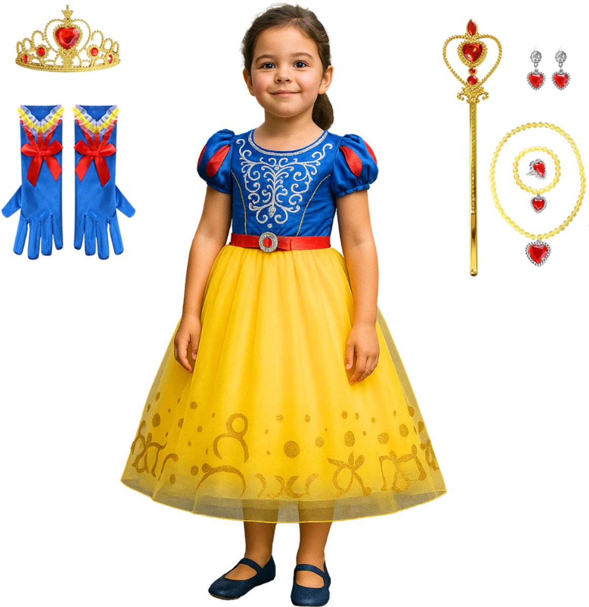 Joya Kids® Sneeuwwitje Verkleedjurk Meisjes | Prinsessenjurk Blauw en Geel met Accessoires | Kroon, Staf, Handschoenen & Sieraden | Verkleedset Prinses Meisje | Carnaval & Verjaardag | Maat 130